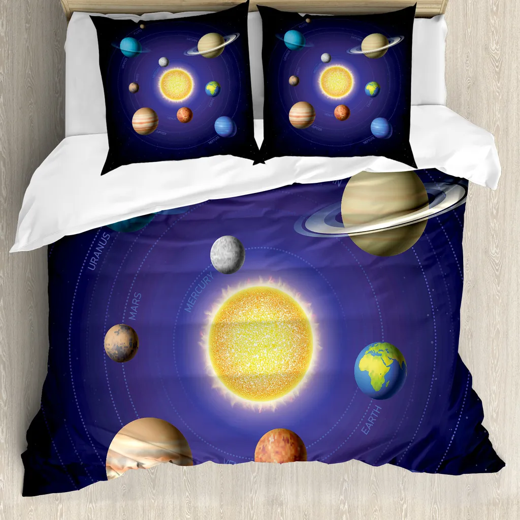 ABAKUHAUS Copripiumino, sistema solare con pianeti, antiacaro, adatto a chi soffre di allergie, con federe, 200 cm x 200 cm - 80 x 80 cm, multicolore