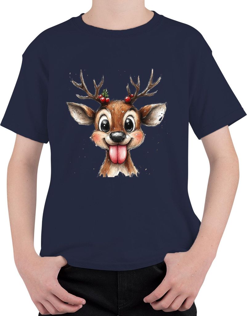 Rentier mit herausgestreckter Zunge Weihnachten Niedlich Geschenk Uni Kinder T-Shirt, Navy, 140