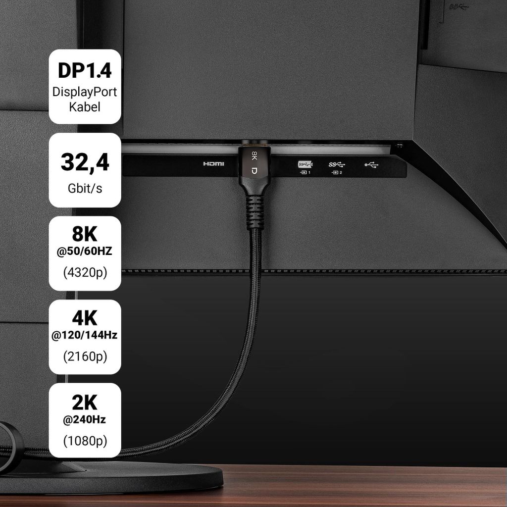 DisplayPort Kabel 3m - DP 1.4 Monitor Bildschirm Kabel Produktbild 4