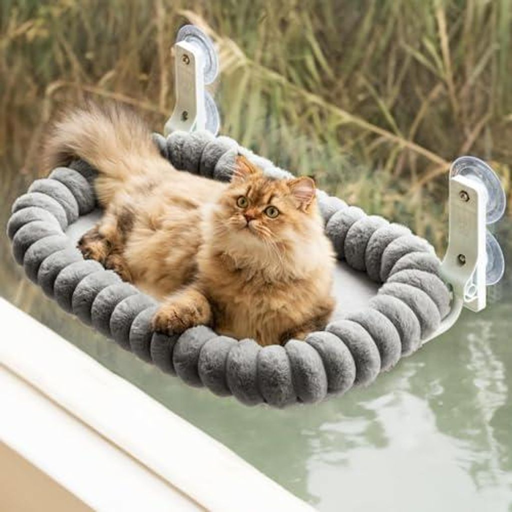 Katzen Fensterliege Hängematte Weich mit Abnehmbarem Wendebezug - Katzen Hängematte Fenster mit Stabiles Stahlgestell Halt bis 18kg (Grau, M)