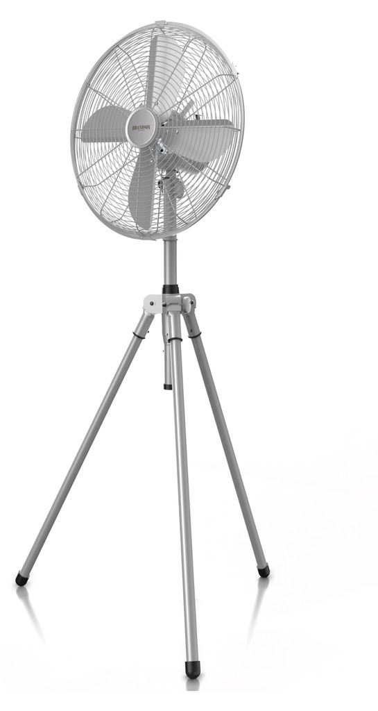A silver tripod fan is shown against a white background.