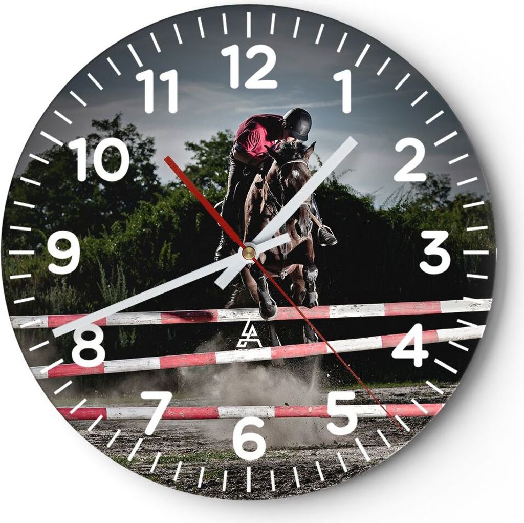 Wanduhr - Rund - Glasuhr - Pferd Sport Hindernisse Himmel - 30x30cm - Schleichendes Uhrwerk - Lautlos - zum Aufhängen bereit - Dekoration Modern -...
