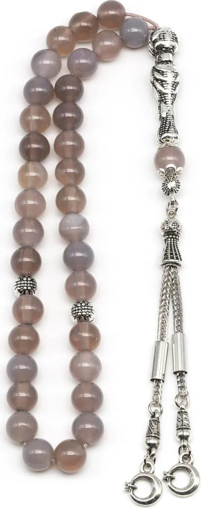 Chapelet en agate grise 33 perles rondes 8mm et ornements en métal