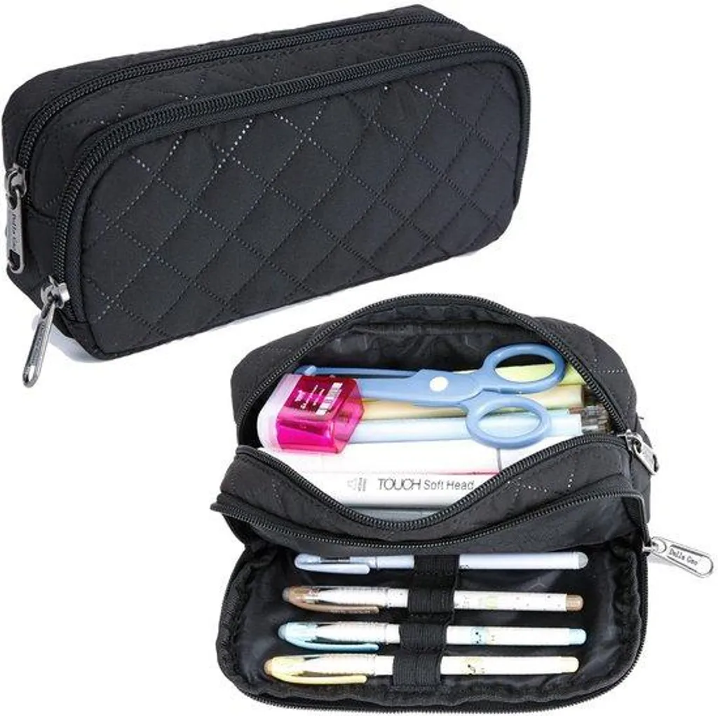 Trousse scolaire noire à losanges géométriques pour crayons et stylos