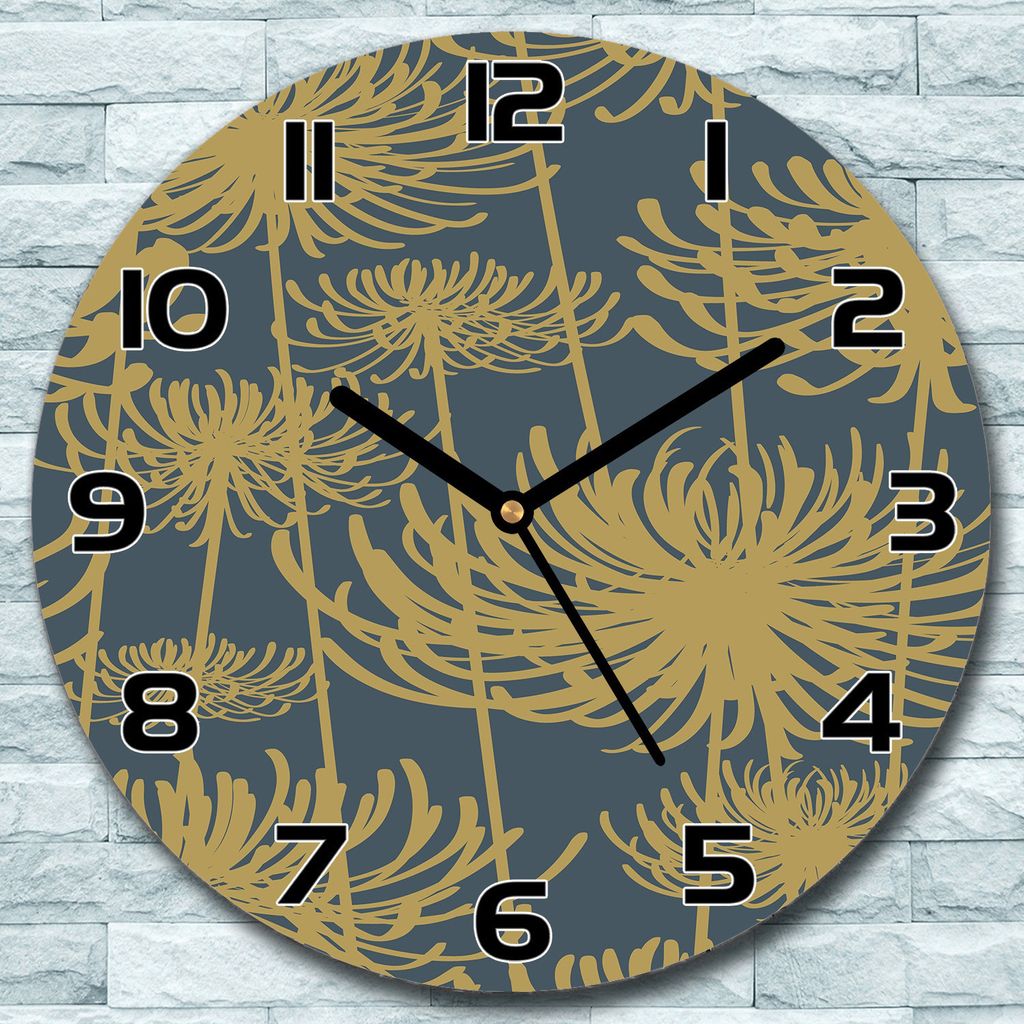 Wanduhr aus Glas Rund fi 30 Blumen golden grau Quarz Deko Produktbild 