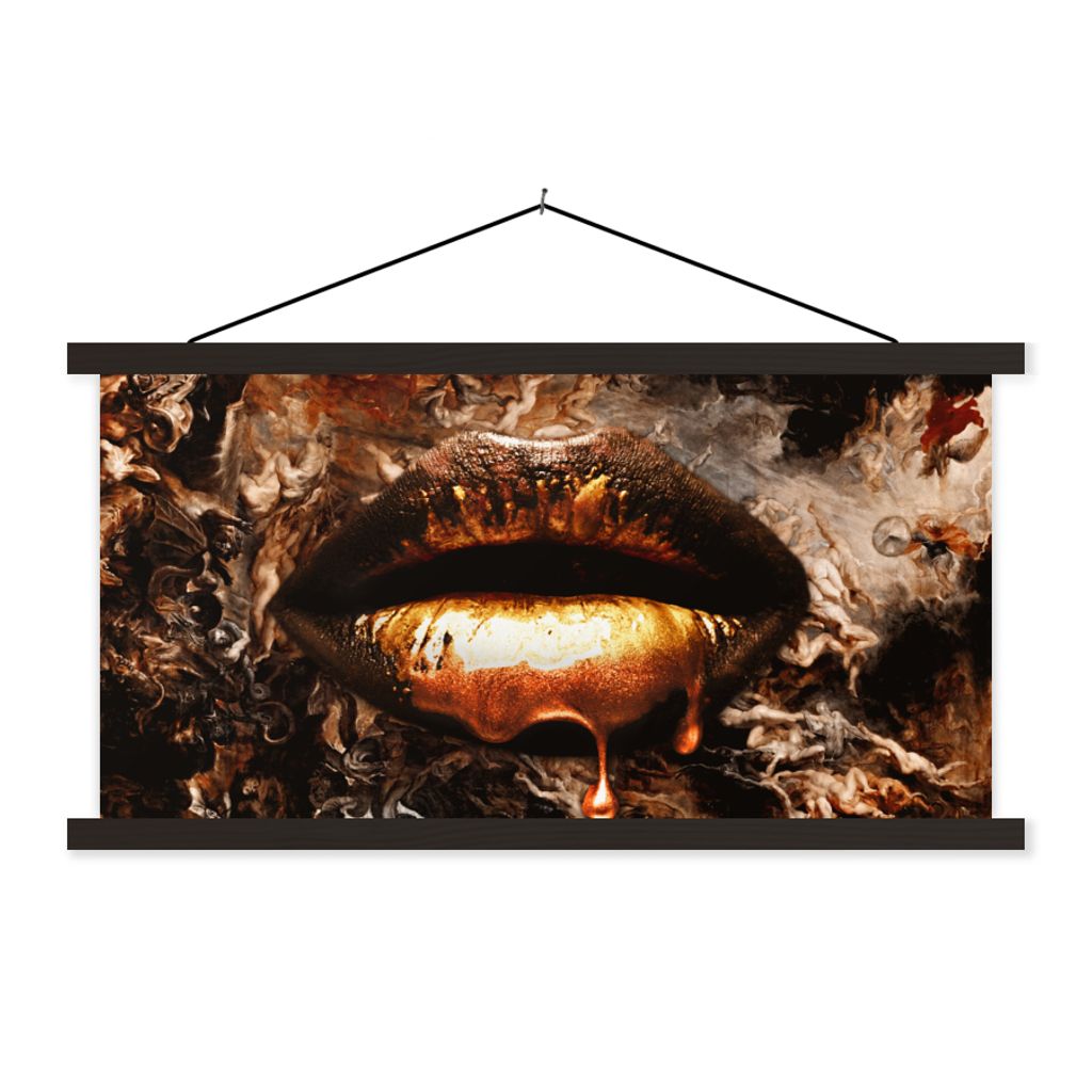 MuchoWow Textilposter Gold - Lippen - Kunst - Gold - Luxus - Abstrakt 120x60 cm mit schwarzem Rahmen - Dekoration Schlafzimmer