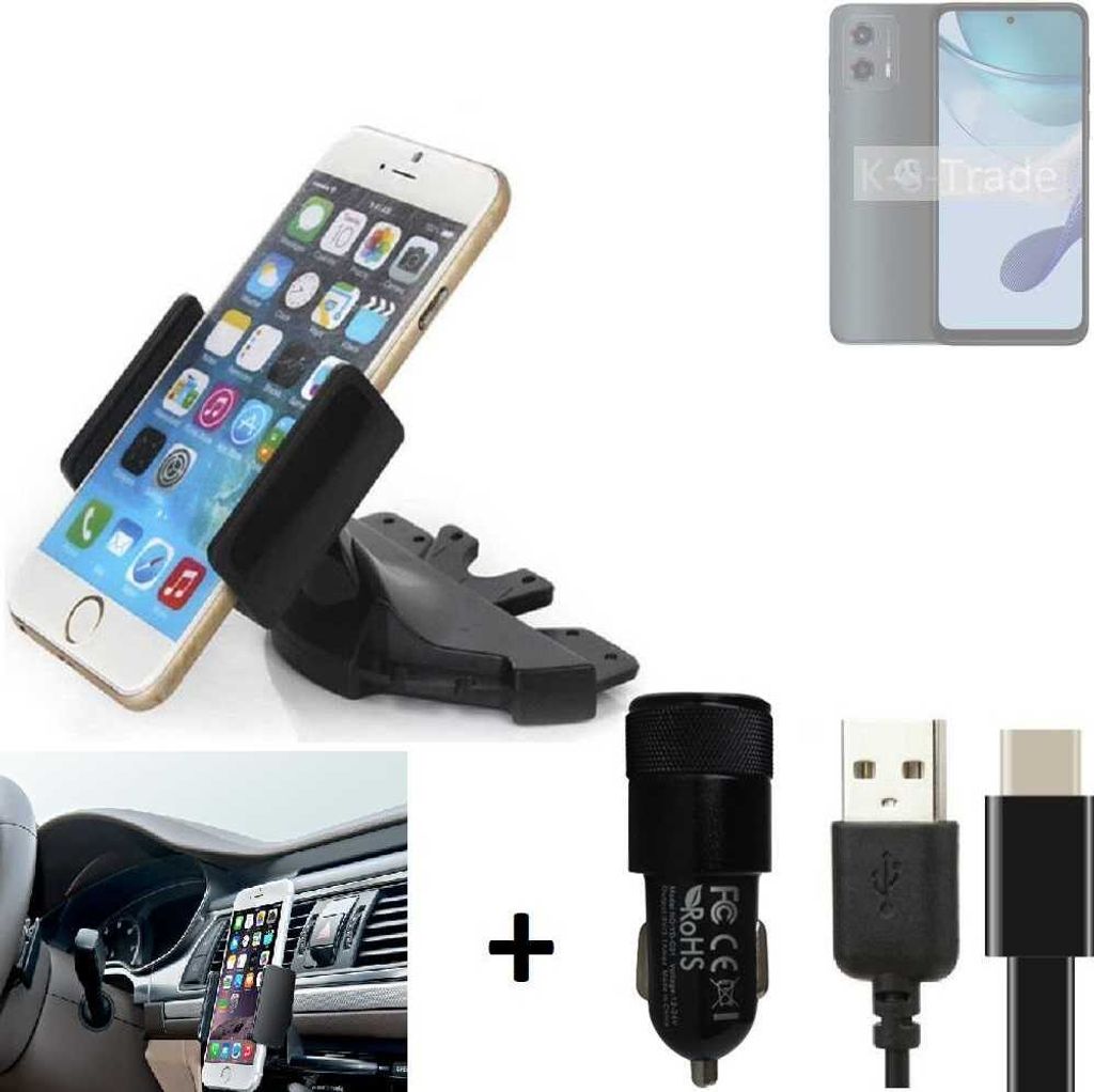 K-S-Trade CD Schlitz Handy-Halterung kompatibel mit Motorola Moto G 5G (2023) Autohalterung KFZ-Halter Radio Handy Halterung 360° drehbar CD-Schacht