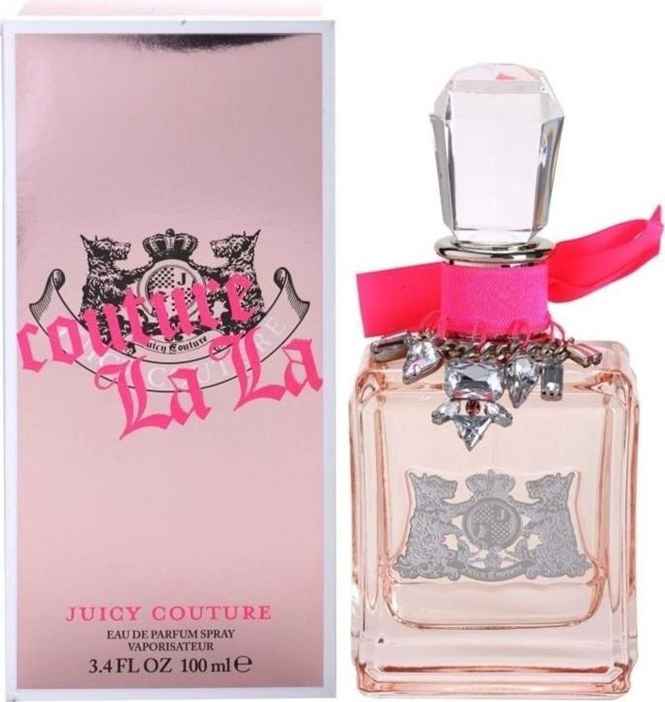 A perfume bottle and its packaging are displayed side-by-side against a white background.