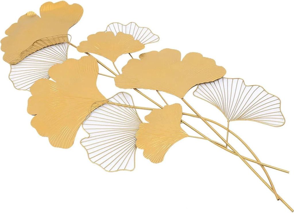 Metall Wanddeko Ginkgo-Blatt - 3D Wandskulptur - Handgefertigte Eisenkunst - 109×55×3 cm - Wandmontage - Gold