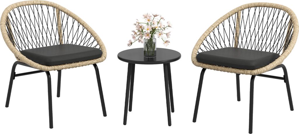 A three-piece outdoor furniture set consisting of two chairs and a small table, with a vase of flowers on the table.