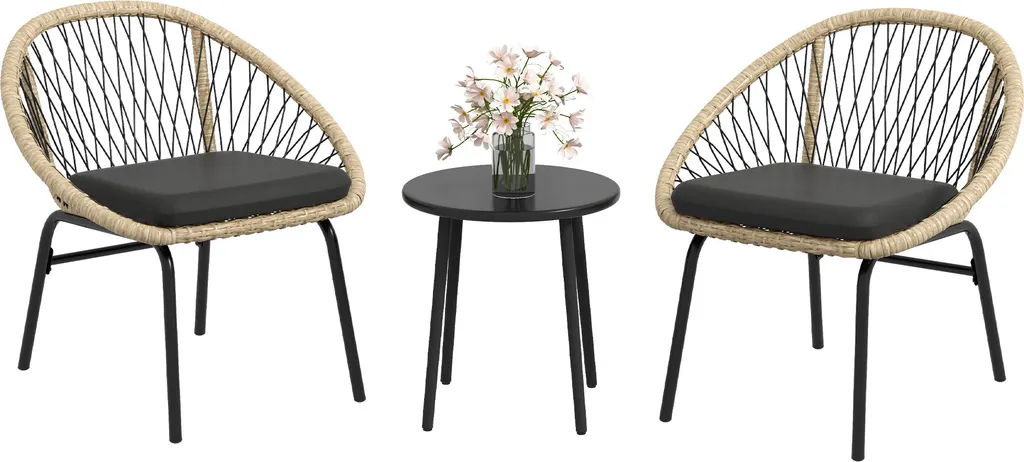 Outsunny Ensemble Jardin en Rotin 3 Pièces avec Table Basse et Coussins