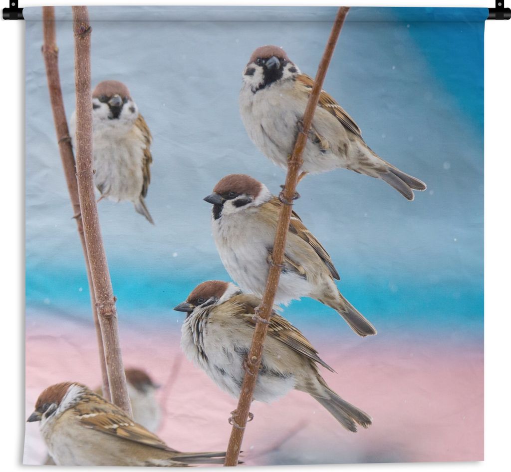 MuchoWow Wandteppich Wandbehang Vögel - Spatz - Tiere - Äste 90x90 cm Tapisserie Dekoration Wandtuch - Wandaufhänger