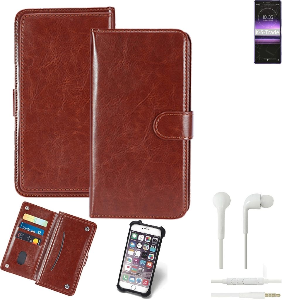 K-S-Trade 360° Hülle kompatibel mit Sony Xperia 1 Professional Edition inkl. Headphones braun Kunstleder Case BookCase WalletCase
