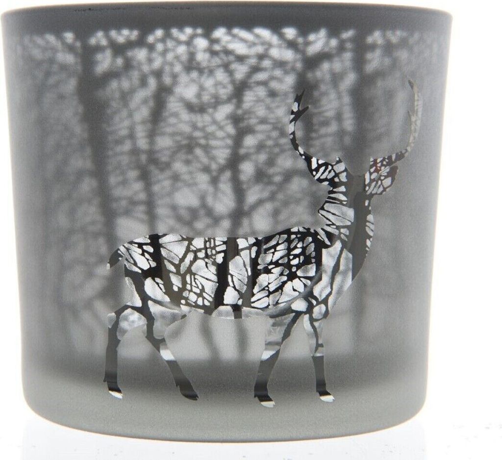 Teelichthalter Glas Windlicht Laser Hirsch grau Ø 7,3 x 8 cm