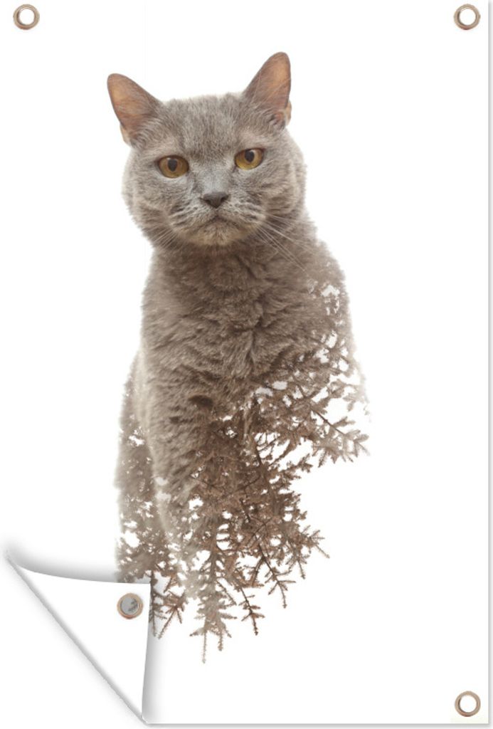 MuchoWow 40x60 cm Outdoor-Poster Gartendeko Sichtschutz Garten Poster für den Garten Katze - Zweig - Grau