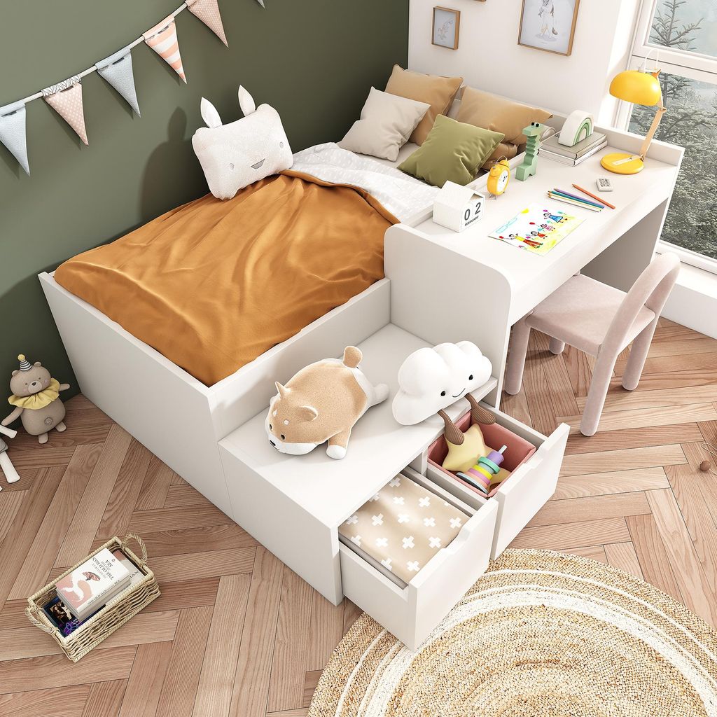 Sweiko Kinderbett, Massiveholz Einzelbett mit Schreibtisch und Schubladen, 90 x 200 cm, weiß, Stauraumbett mit Lattenrost, für Jungen & Mädchen ...