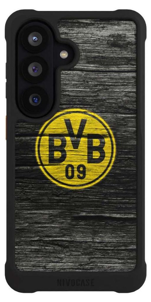 NIVOCASE Hülle für Samsung Galaxy S26 Stoßfeste Handyhülle NIVOmax Case Schwarz BVB Borussia Dortmund Holzoptik