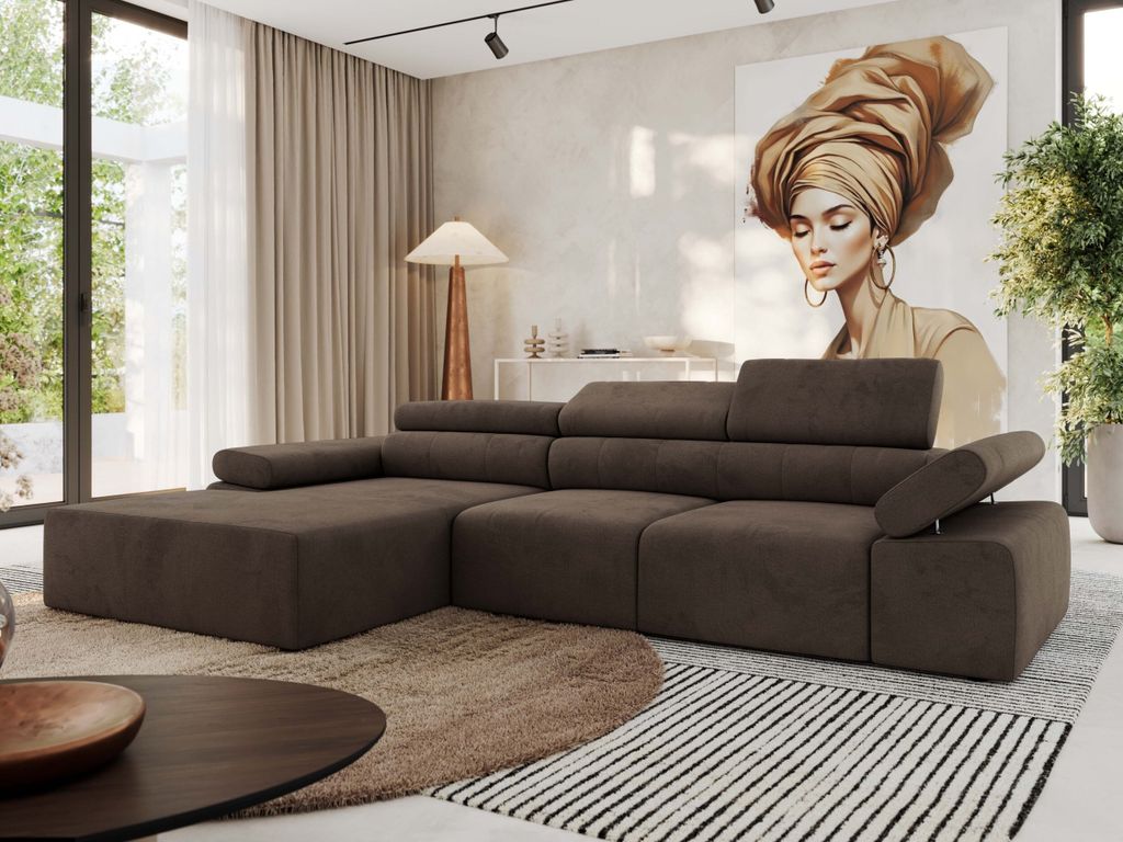 MKS MEBLE L-form Ecksofa RILASSO mit Relax-Funktion, verstellbare Kopfstützen - Braun Velvet - Links