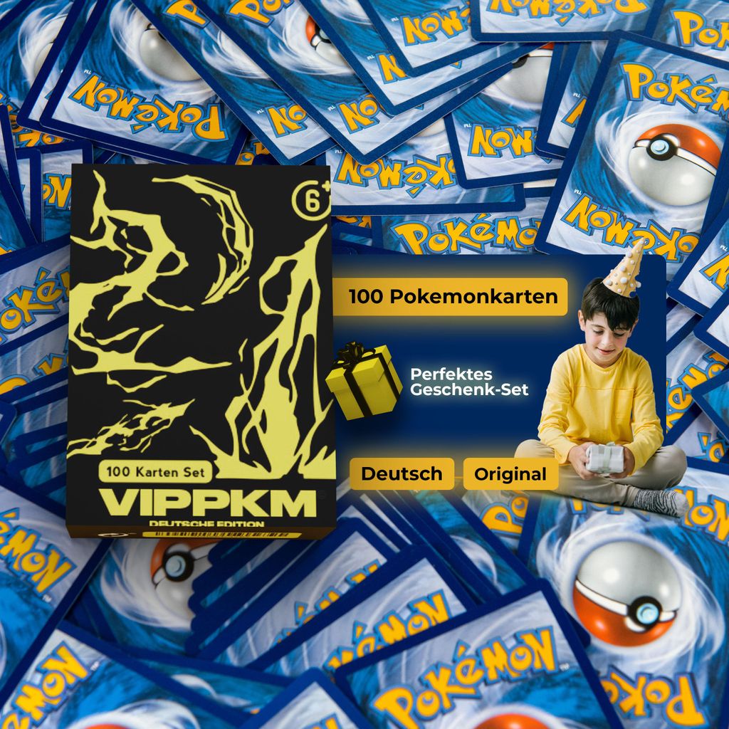 Pokemon Karten 100 Stück deutsch – mit seltenen Holo Karten in VIPPKM Geschenkbox