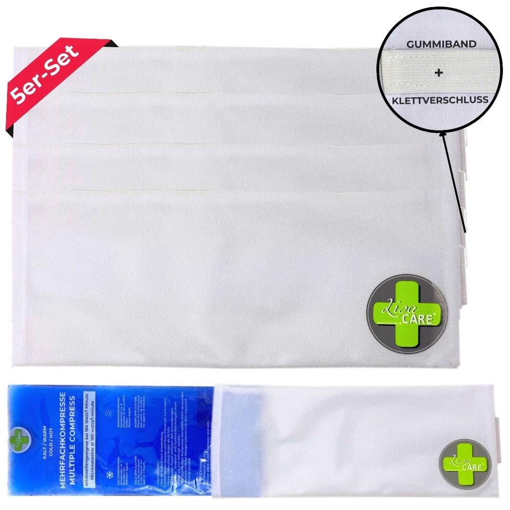 LisaCare Kühlmanschette - 5x Premium Vlieshülle für kalt warm Kompresse - Kühltaschen inkl. Klett-Band zur Fixierung - Mehrweg Vlieshülle