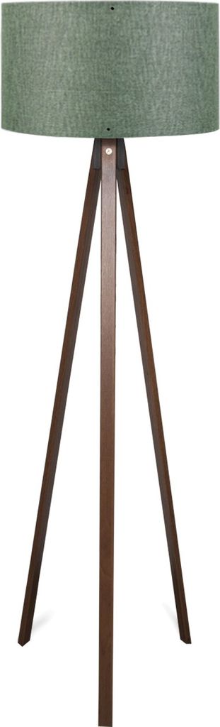 A floor lamp with a green shade and a wooden tripod base, shown against a white background.