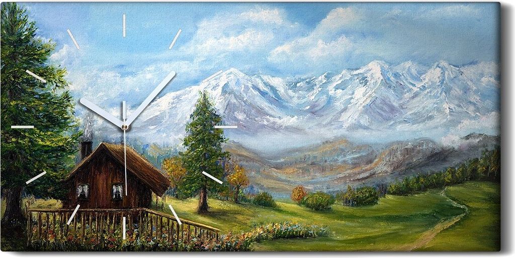 Wandbild Leinwand Bilder Wanduhr Geräuschlos 60x30 Landschaft Berg wiesen Bäume - weiße Hände
