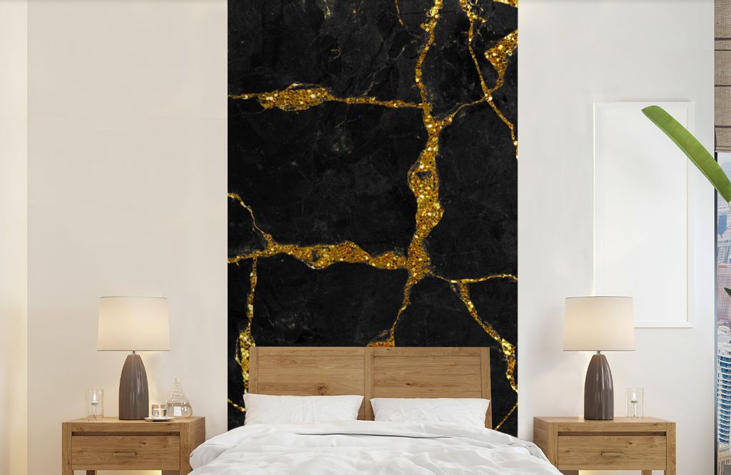 MuchoWow Fototapete für Wohnzimmer oder Schlafzimmer Wandtapete Vinyl Motivtapete Marmor - Gold - Schwarz - Marmoroptik - Glitter - 120x240 cm -...