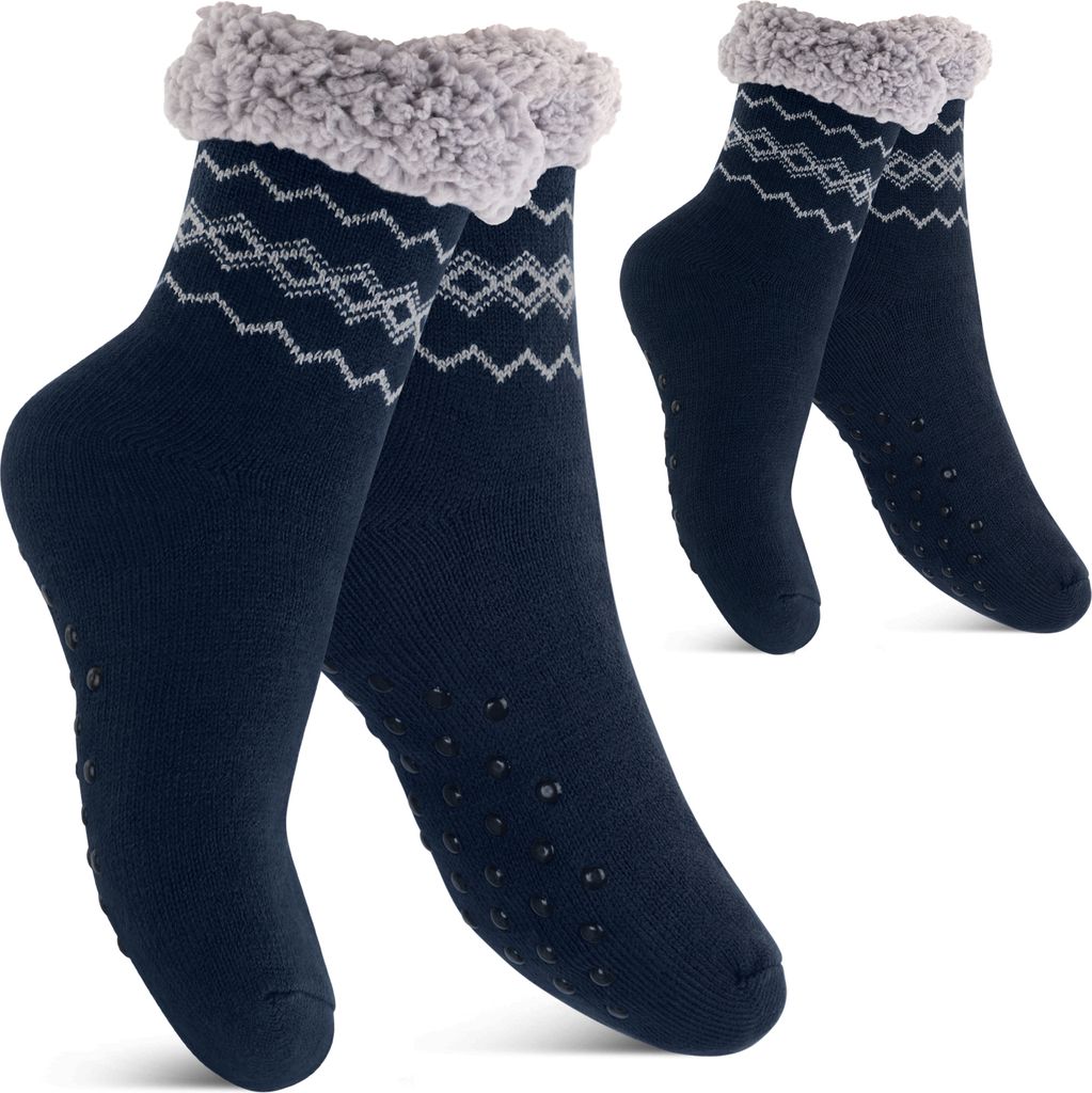 Footstar Damen und Herren Winter Haussocken (2 Paar) Kuschelsocken - Navy 35-38
