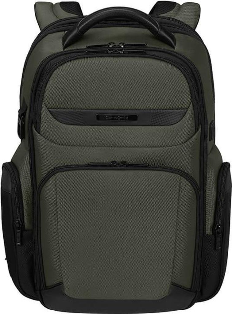 A studio shot of a green and black backpack.