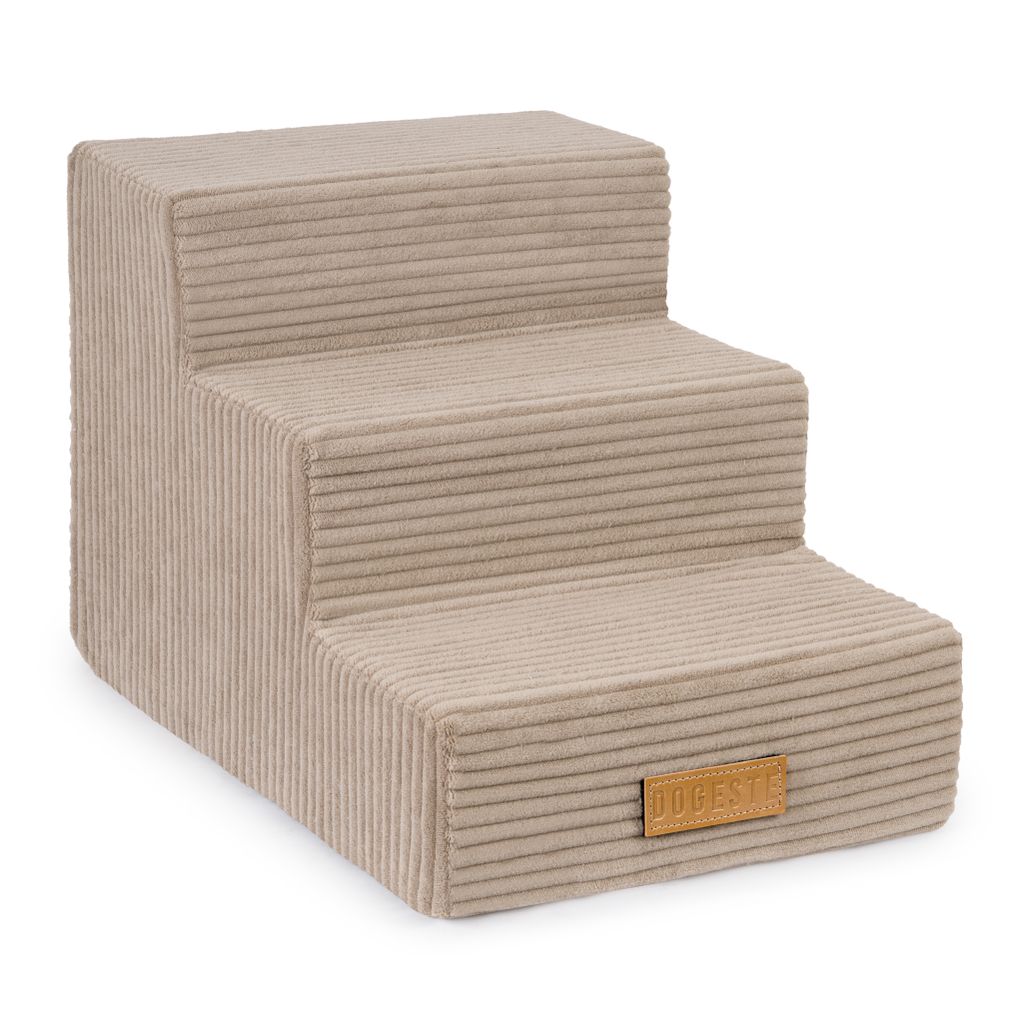 A beige, three-step pet ramp made of corduroy fabric, shown against a white background.