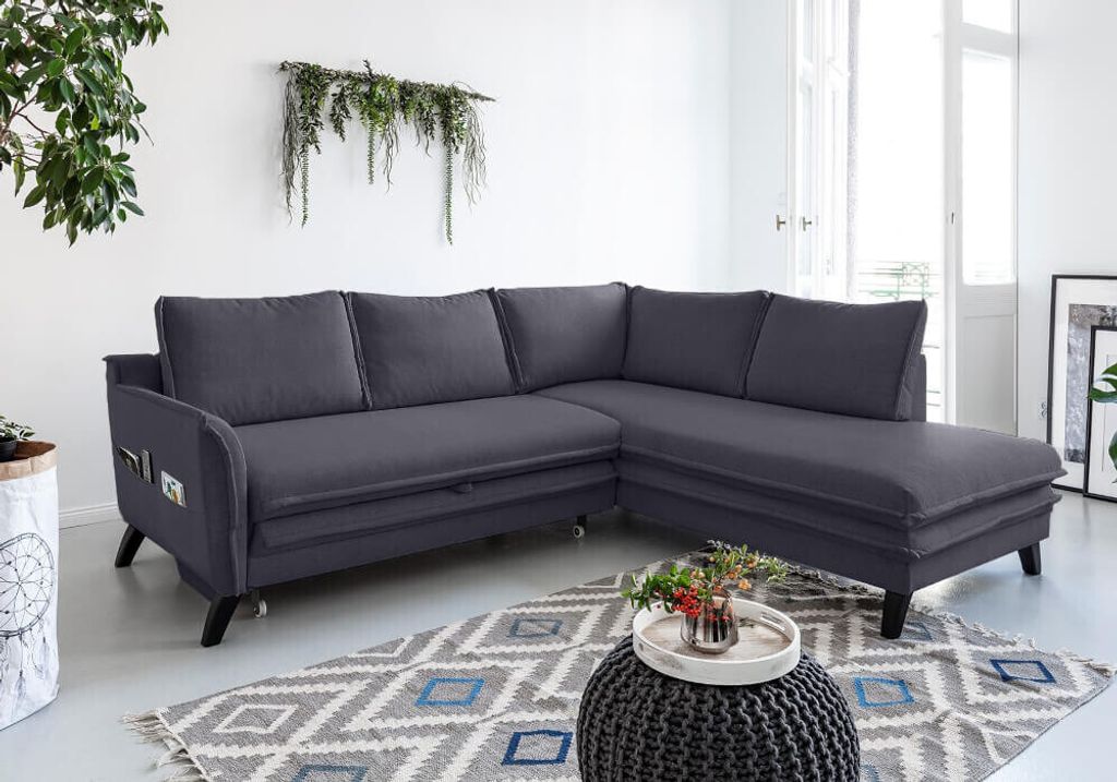 MIUFORM Charming Charlie - Ecksofa mit Bettfunktion und Bettkasten L-FORM RECHTS - 234x200cm - Dunkelgrau - Sofa Schlafsofa Couch