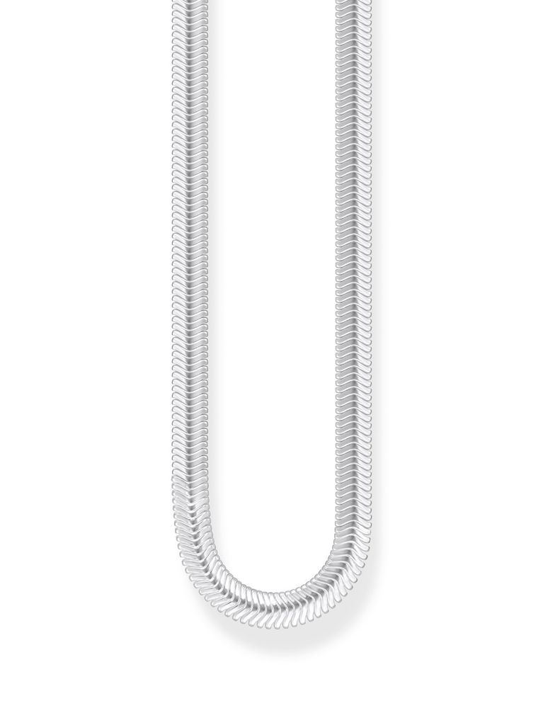 A silver chain necklace is shown against a white background.
