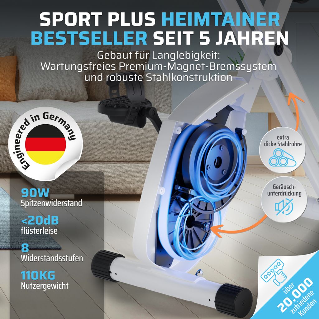 SportPlus I Heimtrainer I klappbar für zuhause, X-Bike mit 8 Stufen, Fitness-Fahrrad mit Tablethalterung & App Kompatibilität, max Benutzergewich...