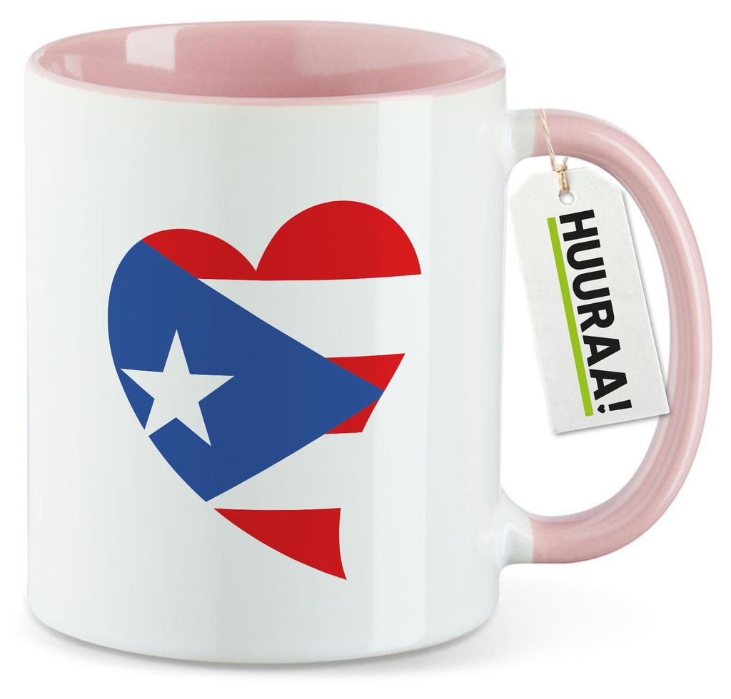 Huuraa Kaffeetasse Puerto Rico Flagge Herz 330ml Rosa Keramik Kaffeebecher Geschenkidee
