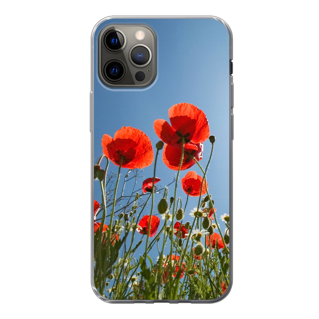 MuchoWow Handyhülle Schutzhülle Hülle für iPhone 13 Pro Strahlende Sonne über einigen Mohnblumen in Spanien Silikon Softcase Handy Hülle - ...