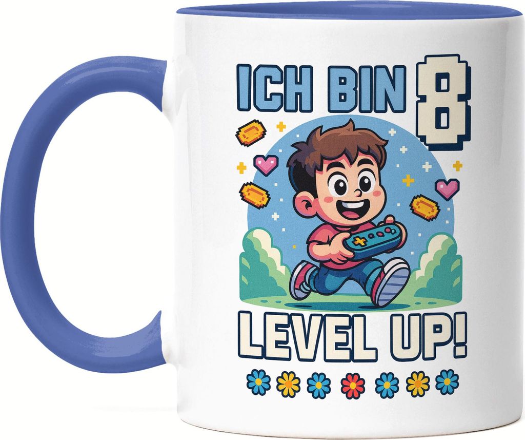 Ich bin 8 Level Up Tasse Blau Geschenkidee Kindergeburtstag Gamer Junge Mädchen 8 Jahre