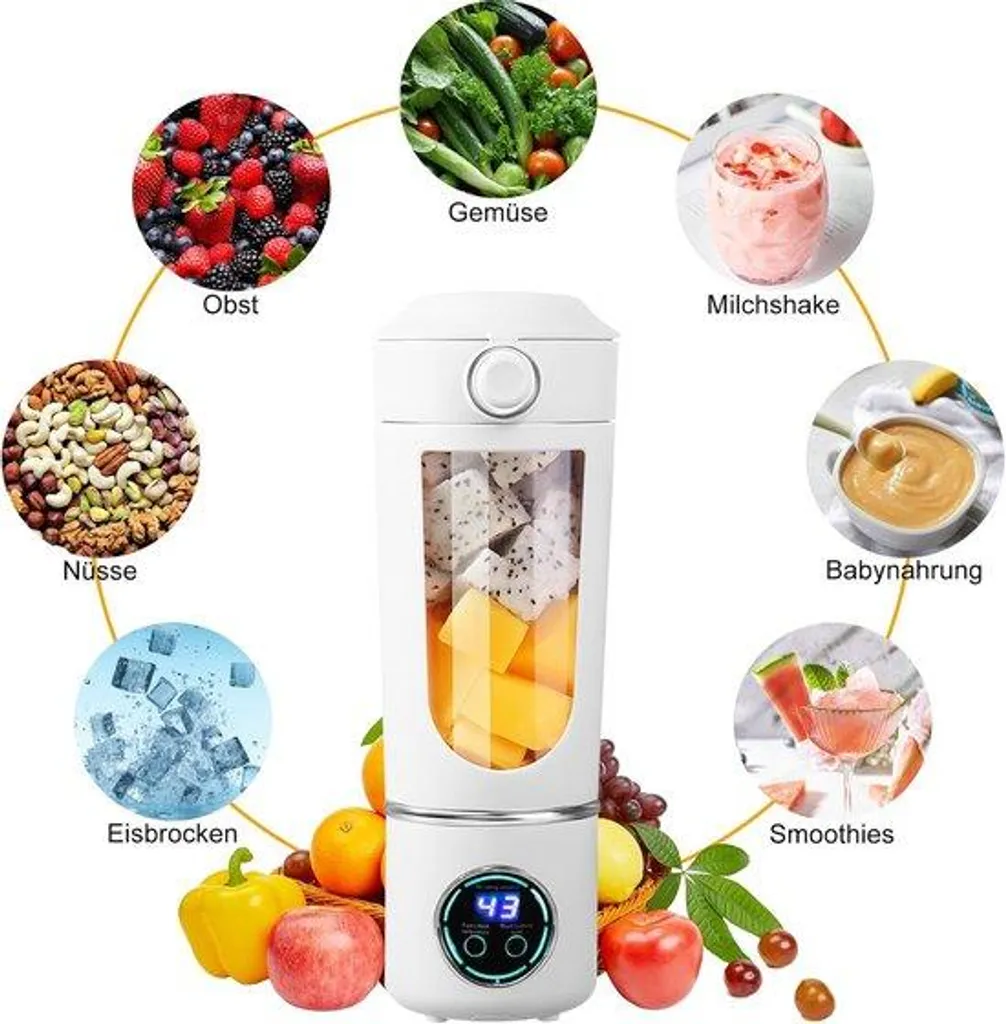 Mélangeur électrique rechargeable 700 ml blanc, mixeur avec écran LCD