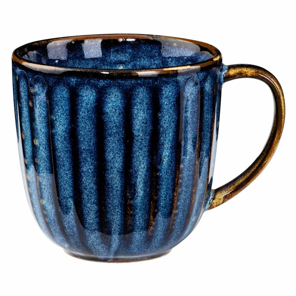 A single blue mug with a textured surface and a brown handle, isolated on a white background.