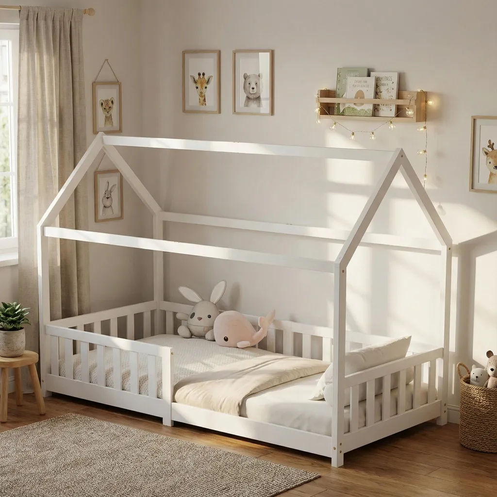Lit Enfant avec Barrière de Protection Blanche, Sommier Lattes 80x160cm