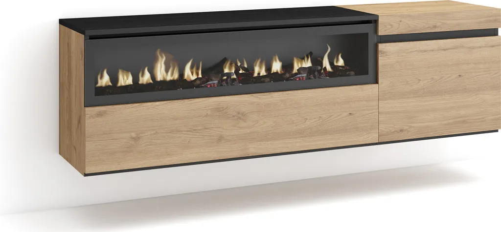 Meuble TV Chêne et Noir 150cm, Cheminée LED et Fixation Murale Cozy