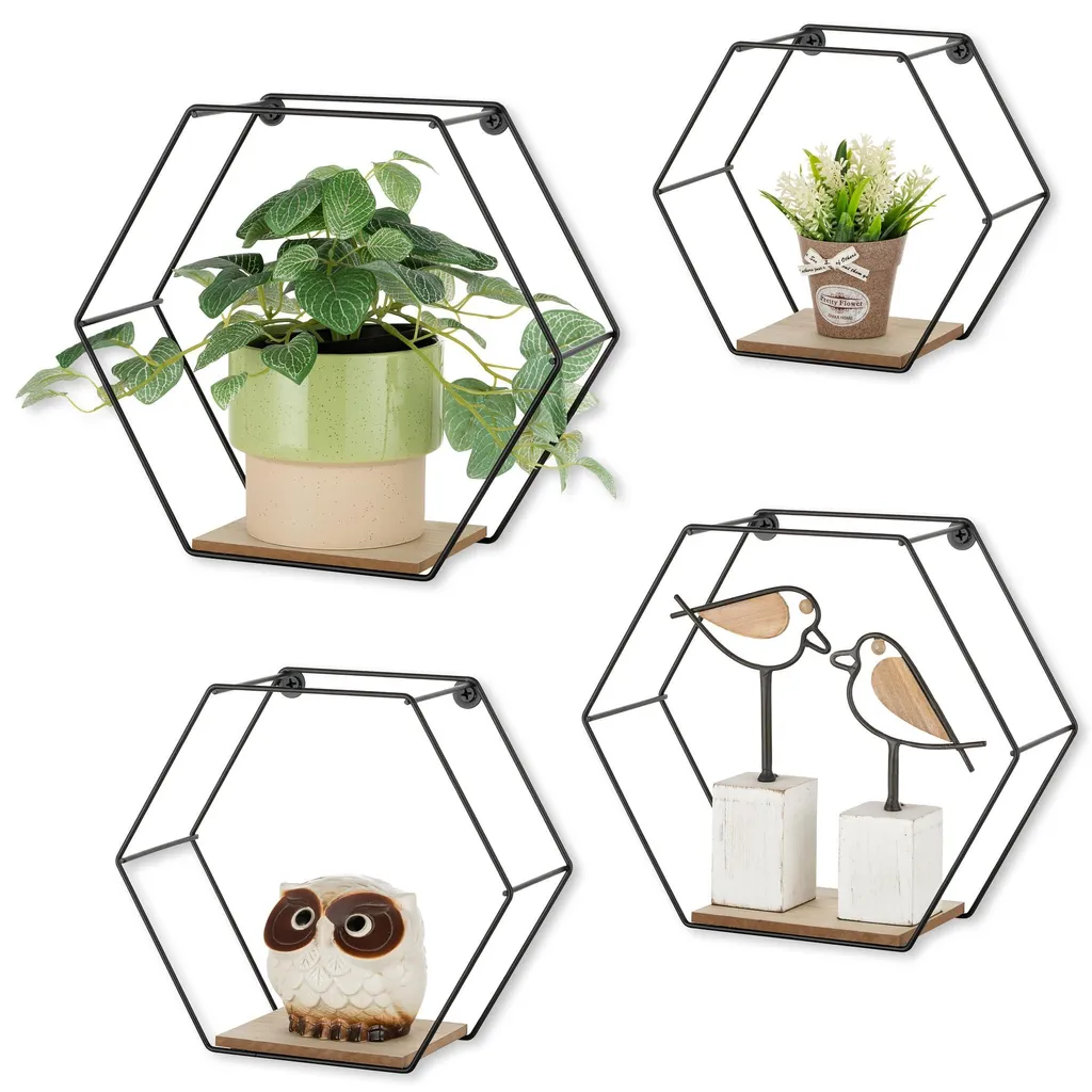 Étagère murale hexagonale noire en métal pour plantes et décoration - 4pcs