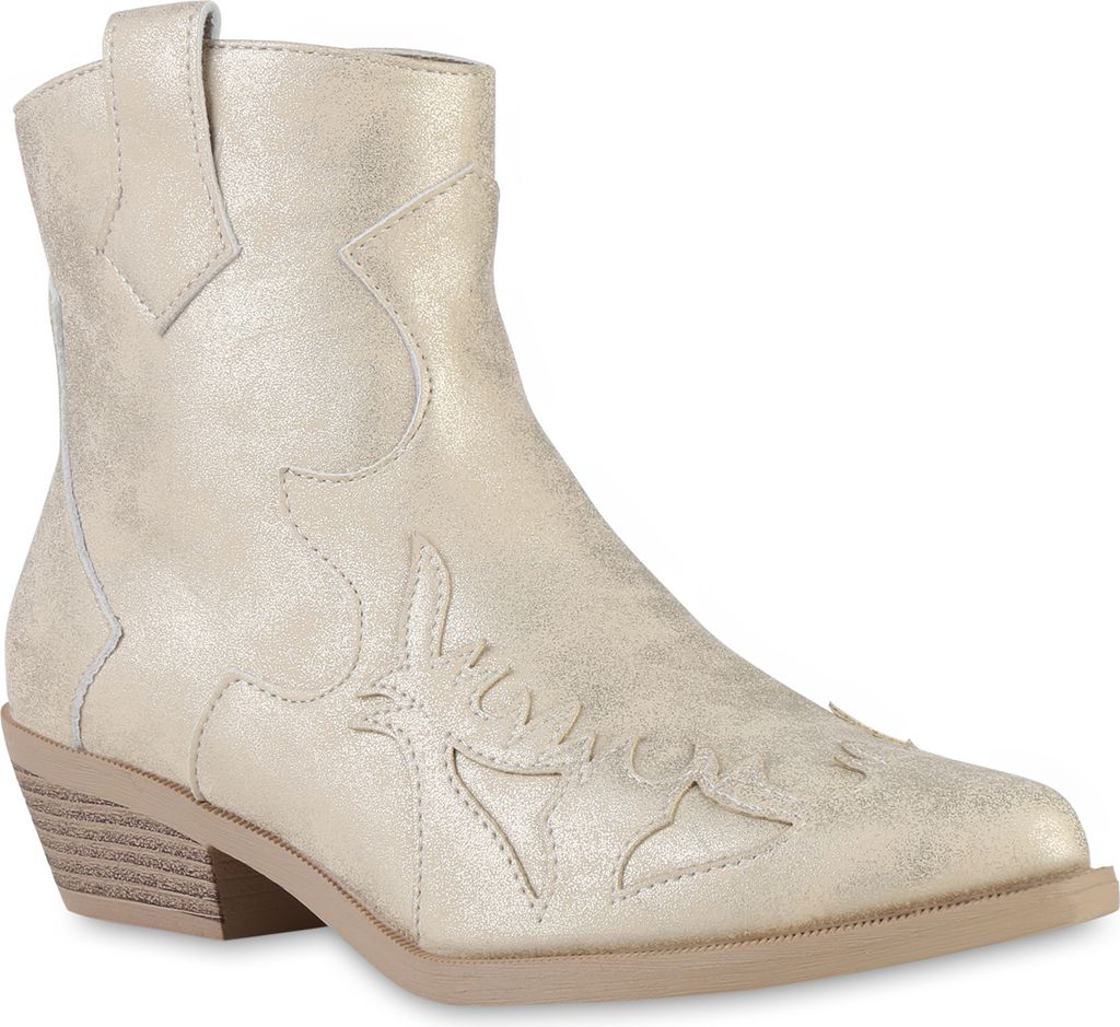 VAN HILL Damen Cowboy Boots Stiefeletten Spitze Schuhe 840901, Farbe: Gold, Größe: 38