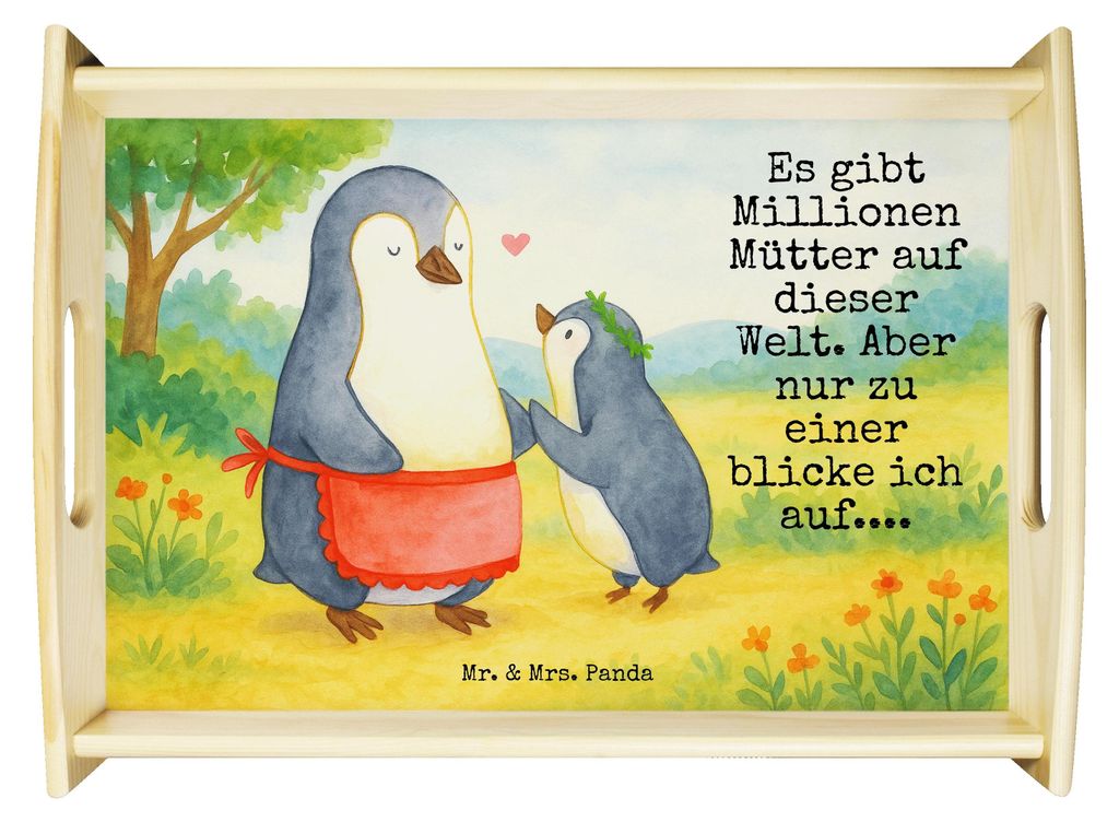 Mr. & Mrs. Panda Servier Tablett Pinguin mit Kind Design - Weiß - Geschenk, Familie, Serviertablett, Dekotablett, Holztablett, Mutter, Muttertag, ...