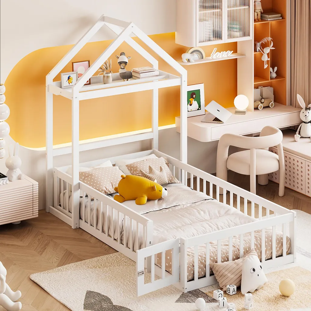 Cadre de lit enfant 90x200 cm en bois massif blanc avec sommier lattes