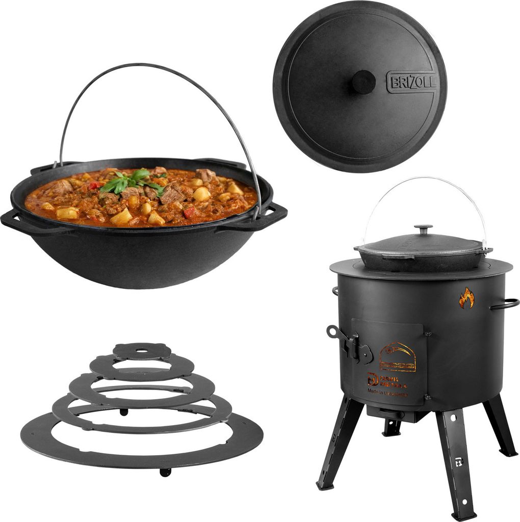 Ø44cm Uchag 2mm Stahl Utschak mit Adapter-Ringe 10L Kazan rund Kasan Utschag Feldküche Feuerstelle Campingofen Außenküche Eintopfofen