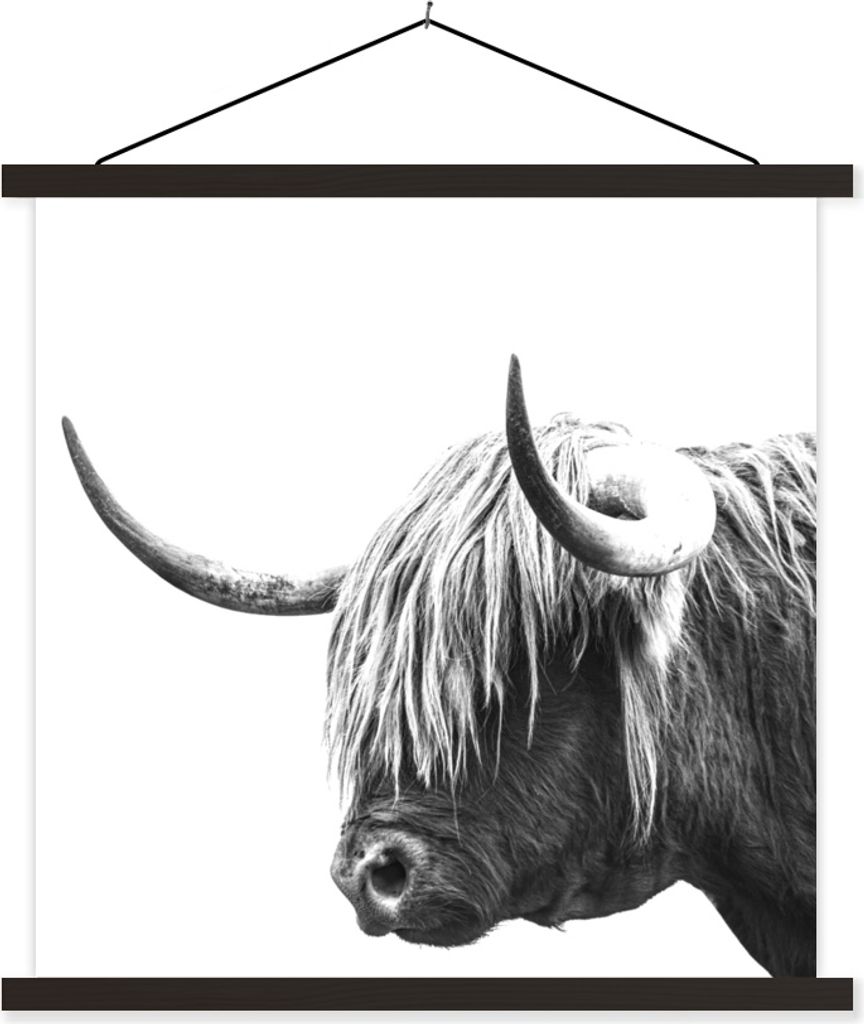 MuchoWow Textilposter Schottisches Hochlandrind - Horn - Schwarz - Weiß 120x120 cm mit schwarzem Rahmen - Aufhängungsset