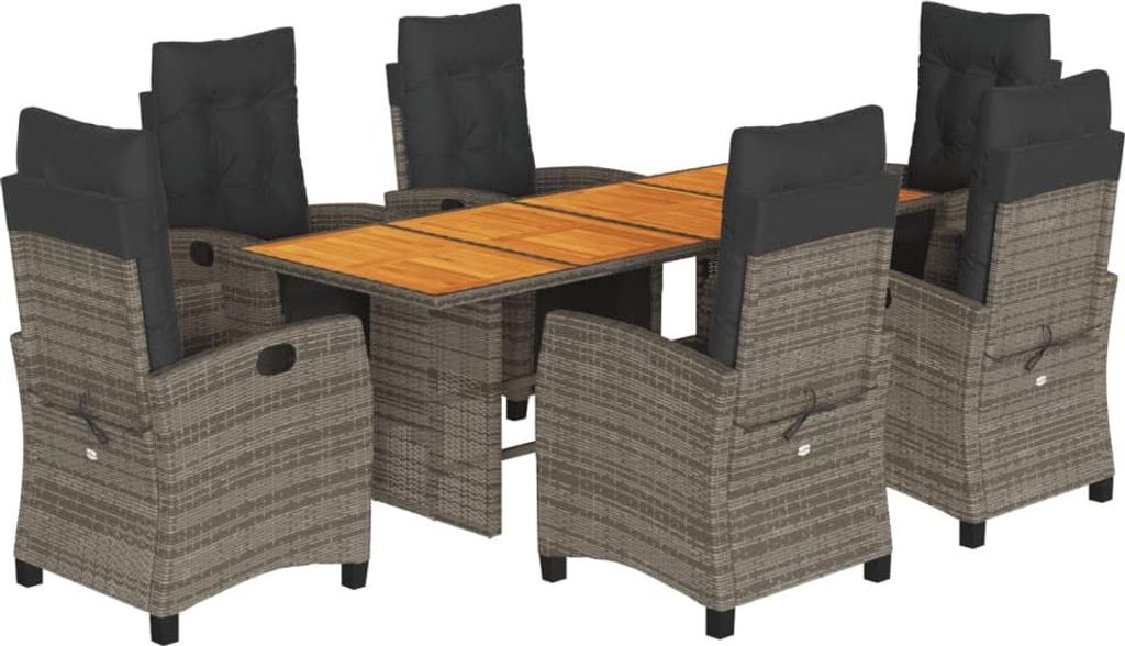 vidaXL 7-tlg. Garten-Essgruppe mit Kissen Grau Poly Rattan