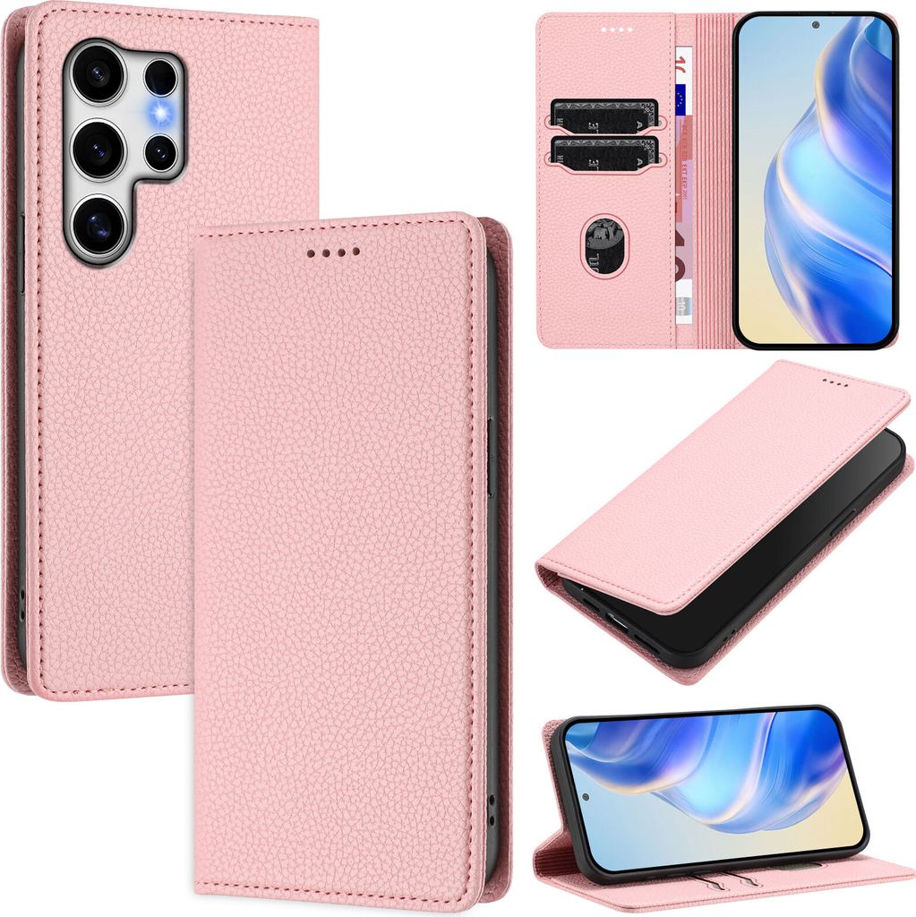 Litchi Leder Handyhülle für Samsung Galaxy S25 Ultra Wallet Kartenfächer Standfunktion Hülle Pink