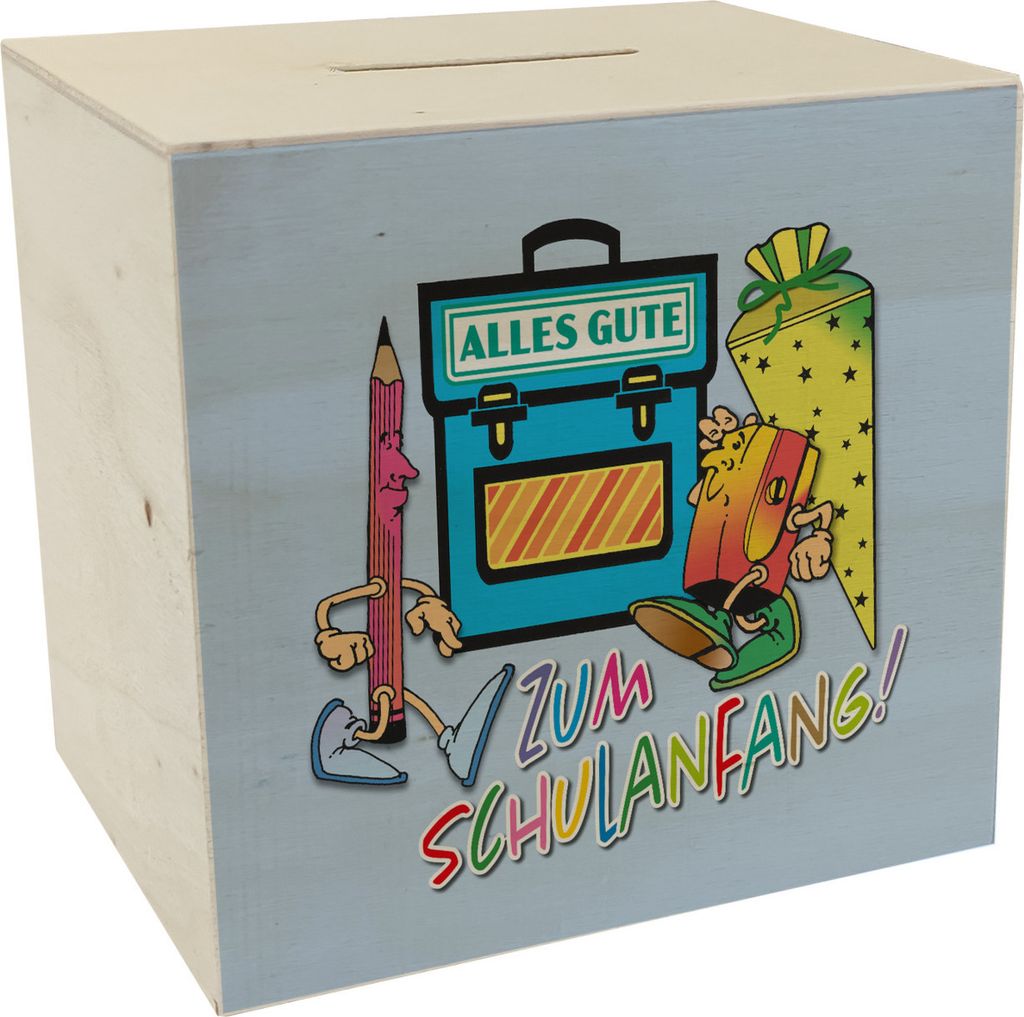 Alles Gute zum Schulanfang Spardose aus Holz in blau