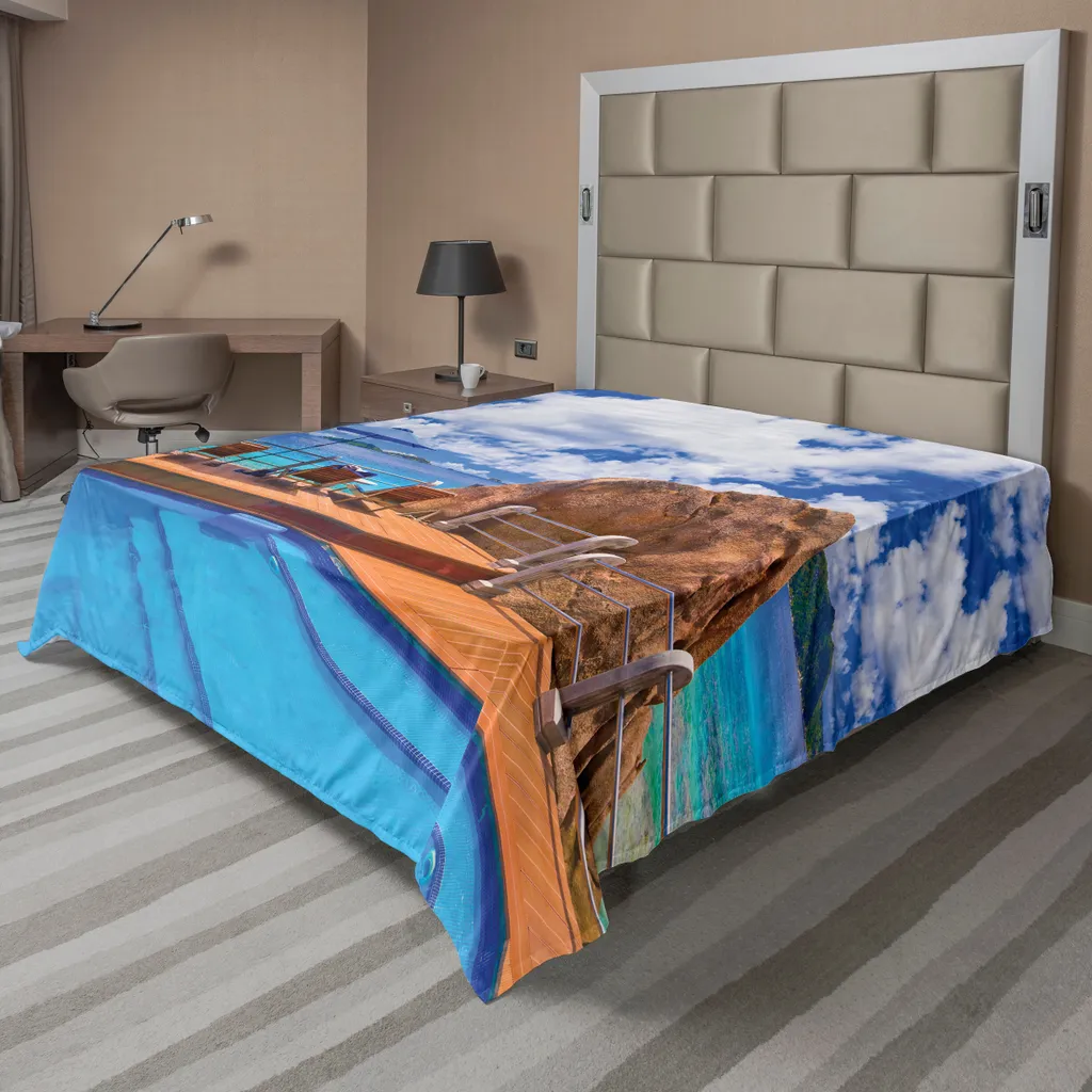 Drap de lit doux et confortable imprimé paysage marin bleu et blanc